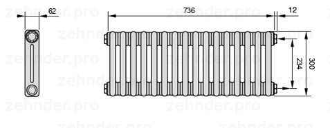 Схема (чертеж) Радиатор Zehnder Charleston 2030/16 №7610 Белый глянцевый RAL 9016